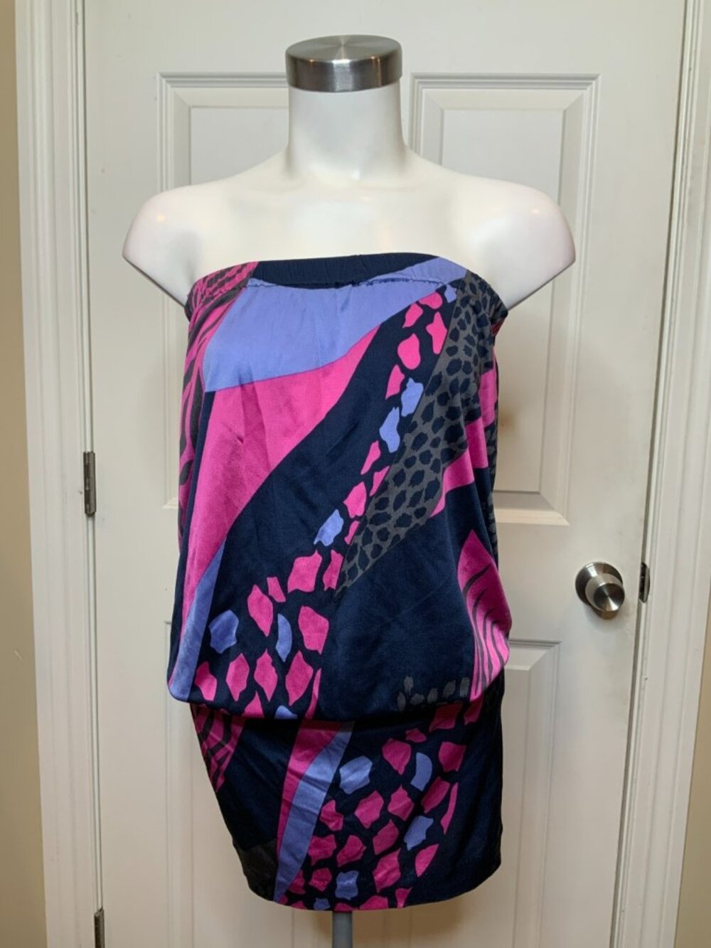 Tibi Pink, Navy Blue, & Gray Animal Print Patchwork Strapless Dress, Size M